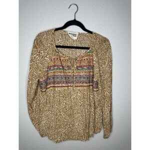 Savanna Jane Blouse Womens Large Brown Boho Peasant Embroidered Top Rayon Print